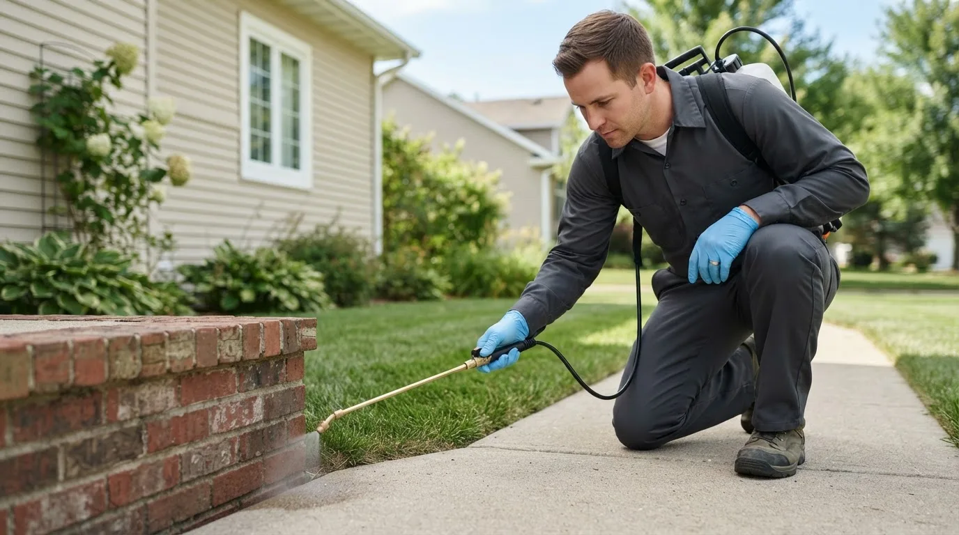 Pest control technician treating a home near Warroad, MN